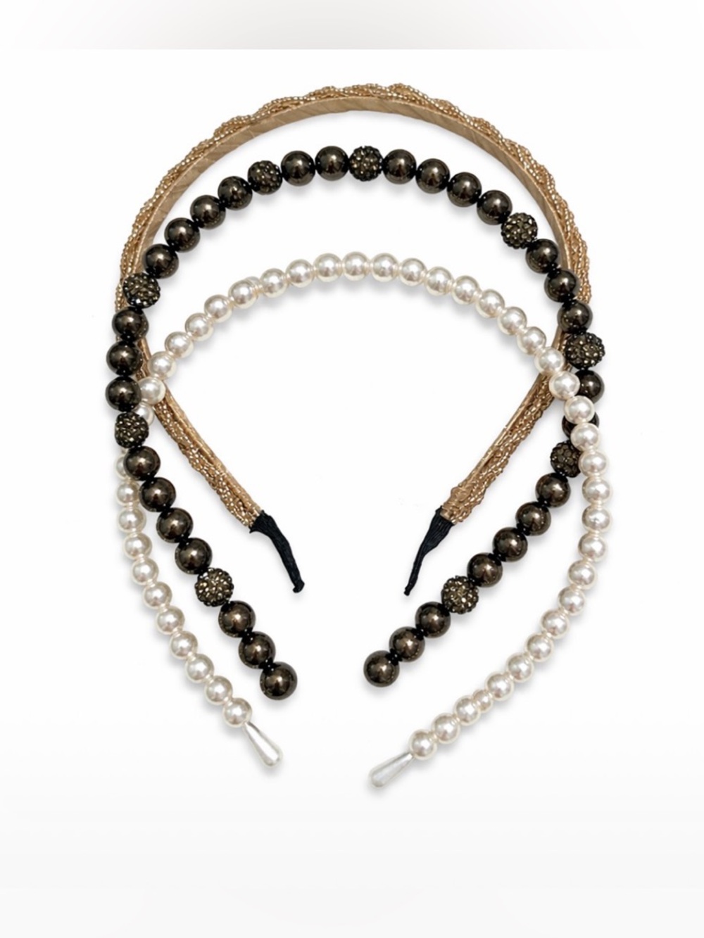 Anthropologie Gold and Black Pearl Headband Trio